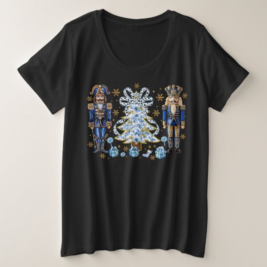 青くるみ割りとクリスマスツリーTシャツ プラスサイズTシャツ (デザイン正面)