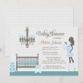 青くエレガントな子供部屋の男の赤ちゃんのシャワーの招待 招待状 (正面/裏面)