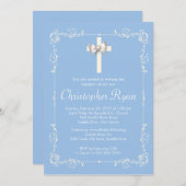 青くエレガントな洗礼|の洗礼を施すエレガントな十字 招待状 (正面/裏面)