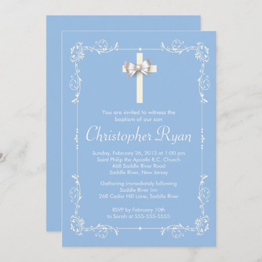 青くエレガントな洗礼|の洗礼を施すエレガントな十字 招待状 (正面/裏面)