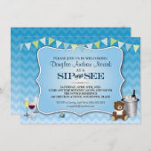 青くグラデーションなシェブロンのベビーの一口は見、 招待状 (正面/裏面)