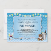青くグラデーションなシェブロンのベビーの一口は見、 招待状 (正面)