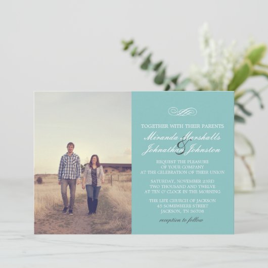 青くシックなデザインの写真の結婚式招待状 招待状 (スタンド正面)