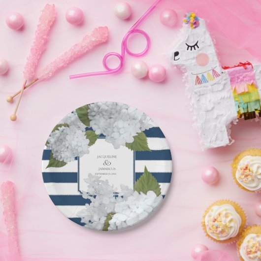 青くストライプので白いアジサイの花のリース ペーパープレート (パーティー)