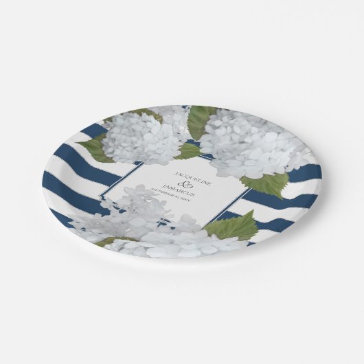青くストライプので白いアジサイの花のリース ペーパープレート (アングル)