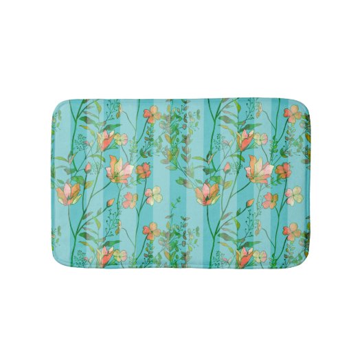 青くストライプのな背景の開花 バスマット (正面)