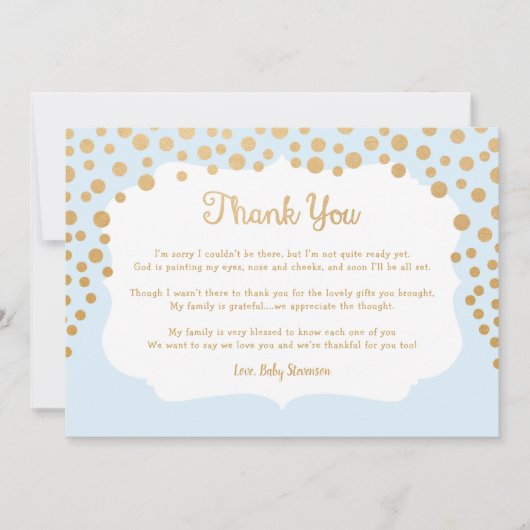 青くフェイクな金ゴールドの男の子のベビーシャワーはノート感謝していしています サンキューカード (正面)