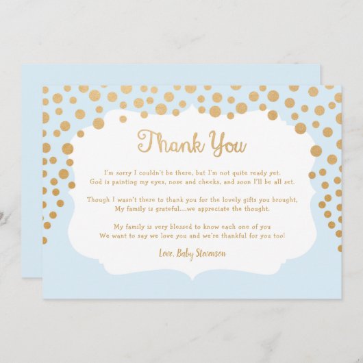 青くフェイクな金ゴールドの男の子のベビーシャワーはノート感謝していしています サンキューカード (正面/裏面)
