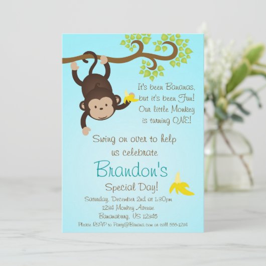 青くモダンな猿の男の子の誕生会の招待 招待状 (スタンド正面)