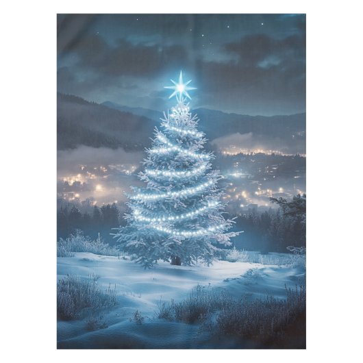 青く光る冬の夜のクリスマスツリー テーブルクロス (正面)