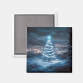 青く光る冬の夜のクリスマスツリー マグネット (正面/裏面)