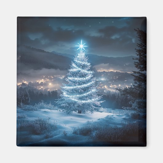 青く光る冬の夜のクリスマスツリー マグネット (正面)