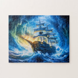 青く光る海の幻想的な絵画に浮かぶ帆船 ジグソーパズル