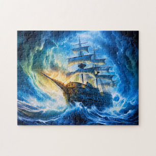 青く光る海の幻想的な絵画に浮かぶ帆船 ジグソーパズル