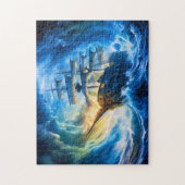 青く光る海の幻想的な絵画に浮かぶ帆船 ジグソーパズル (縦)
