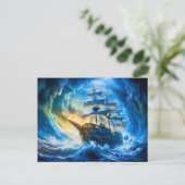 青く光る海の幻想的な絵画に浮かぶ帆船 ポストカード (スタンド正面)