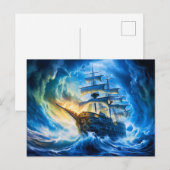 青く光る海の幻想的な絵画に浮かぶ帆船 ポストカード (正面/裏面)