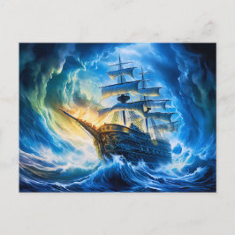 青く光る海の幻想的な絵画に浮かぶ帆船 ポストカード
