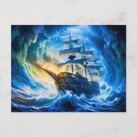 青く光る海の幻想的な絵画に浮かぶ帆船 ポストカード (正面)