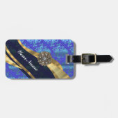 青く名前入りでかわいらしいダマスク織パターン ラゲッジタグ (正面横)