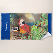 青く名前入りなビーチタオルの熱帯オウム ビーチタオル (正面)