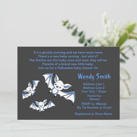 青く小さいこうもりのベビーシャワーの招待状カード 招待状 (スタンド正面)