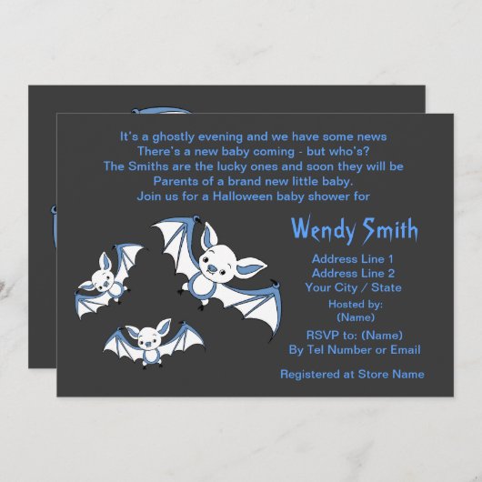青く小さいこうもりのベビーシャワーの招待状カード 招待状 (正面/裏面)