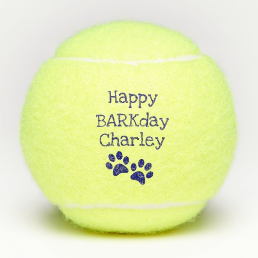 青く幸せなBarkdayの誕生日の飼い犬のおもちゃ テニスボール (正面)