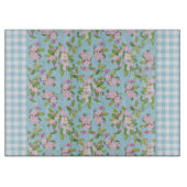 青く白いギンガム、青のAppleのピンクの花 カッティングボード (正面)