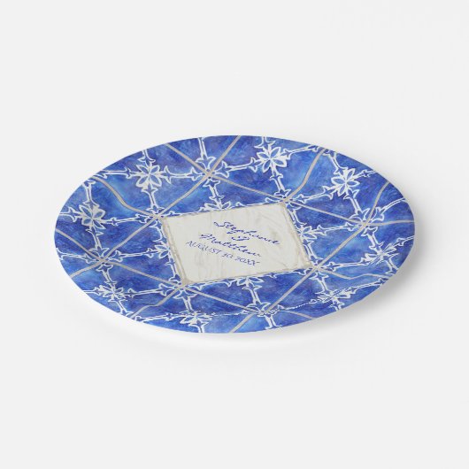 青く白いタイルの結婚式の水彩画の素朴な国 ペーパープレート (アングル)