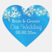 青く白いヒトデのビーチ記念日 ハートシール (正面)