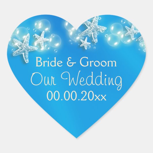 青く白いヒトデのビーチ記念日 ハートシール (正面)