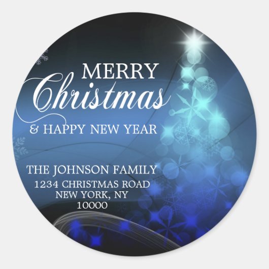 青く白いメリークリスマスの木の差出人住所 ラウンドシール (正面)