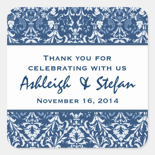 青く白いヴィンテージのダマスク織はV09を結婚している感謝していしています スクエアシール (正面)
