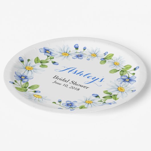 青く白い国のデイジーのリースのブライダルシャワー ペーパープレート (アングル)