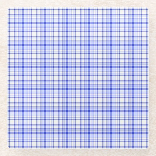 青く白い格子縞2 ガラスコースター (正面)