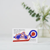 青く白くおよび赤いスクーターの男の子または女の子の接触 名刺 (スタンド正面)