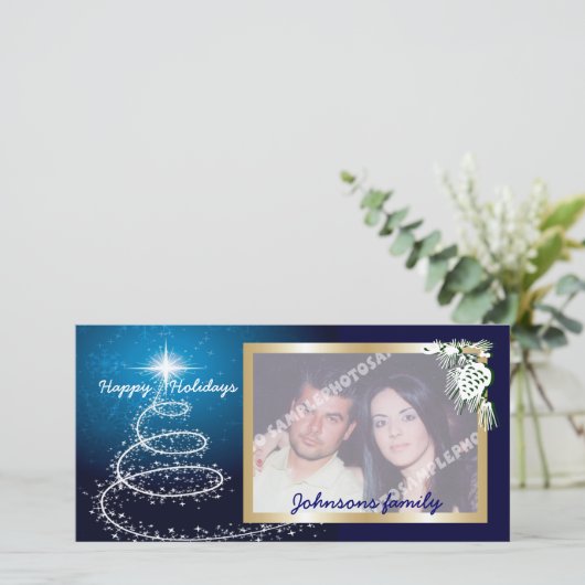 青く白熱の抽象的なホワイトクリスマスの木 シーズンカード (スタンド正面)