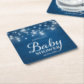 青く素朴な木製のメーソンジャーライトベビーシャワー スクエアペーパーコースター (アングル)