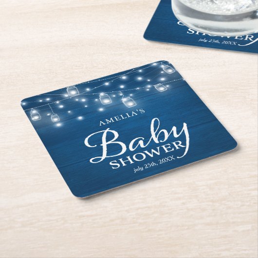 青く素朴な木製のメーソンジャーライトベビーシャワー スクエアペーパーコースター (アングル)