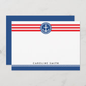 青く航海のないかりの赤のストライブ柄の平らなメッセージカード ノートカード (正面/裏面)