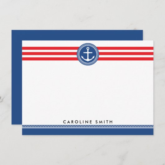 青く航海のないかりの赤のストライブ柄の平らなメッセージカード ノートカード (正面/裏面)