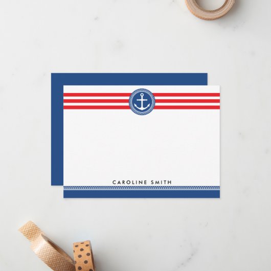 青く航海のないかりの赤のストライブ柄の平らなメッセージカード ノートカード (正面/裏面インサイチュ)
