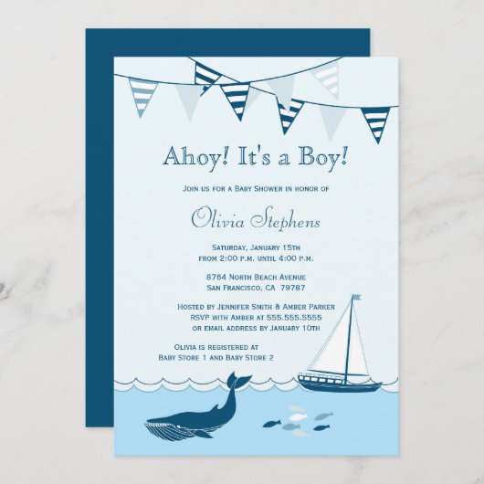 青く航海のなヨットの男の赤ちゃんのシャワーの招待 招待状 (正面/裏面)