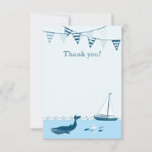 青く航海のなヨットの男の赤ちゃんのシャワーは感謝していしています サンキューカード (正面)