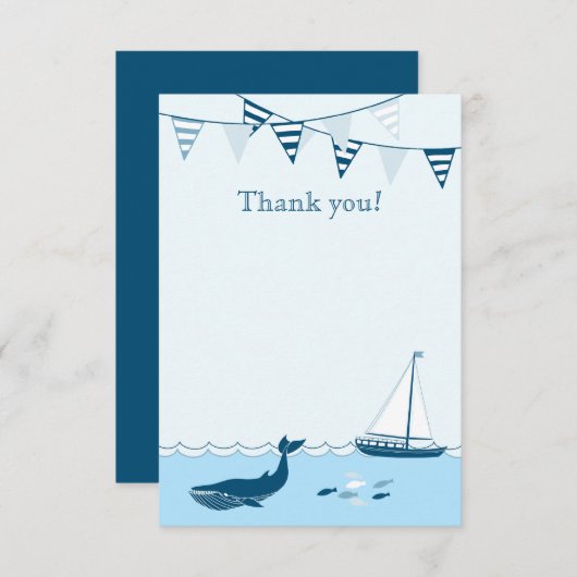 青く航海のなヨットの男の赤ちゃんのシャワーは感謝していしています サンキューカード (正面/裏面)