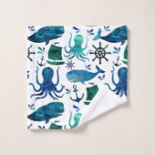 青く航海のな水彩画の魚のクジラのタコの海兵隊員 バスタオルセット (ウォッシュタオル)