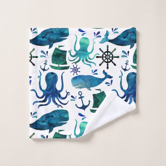 青く航海のな水彩画の魚のクジラのタコの海兵隊員 バスタオルセット (ウォッシュタオル)