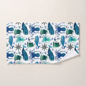 青く航海のな水彩画の魚のクジラのタコの海兵隊員 バスタオルセット (ハンドタオル)