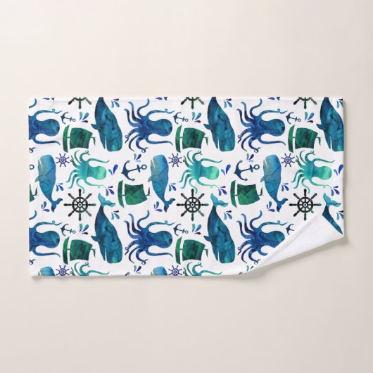 青く航海のな水彩画の魚のクジラのタコの海兵隊員 バスタオルセット (ハンドタオル)